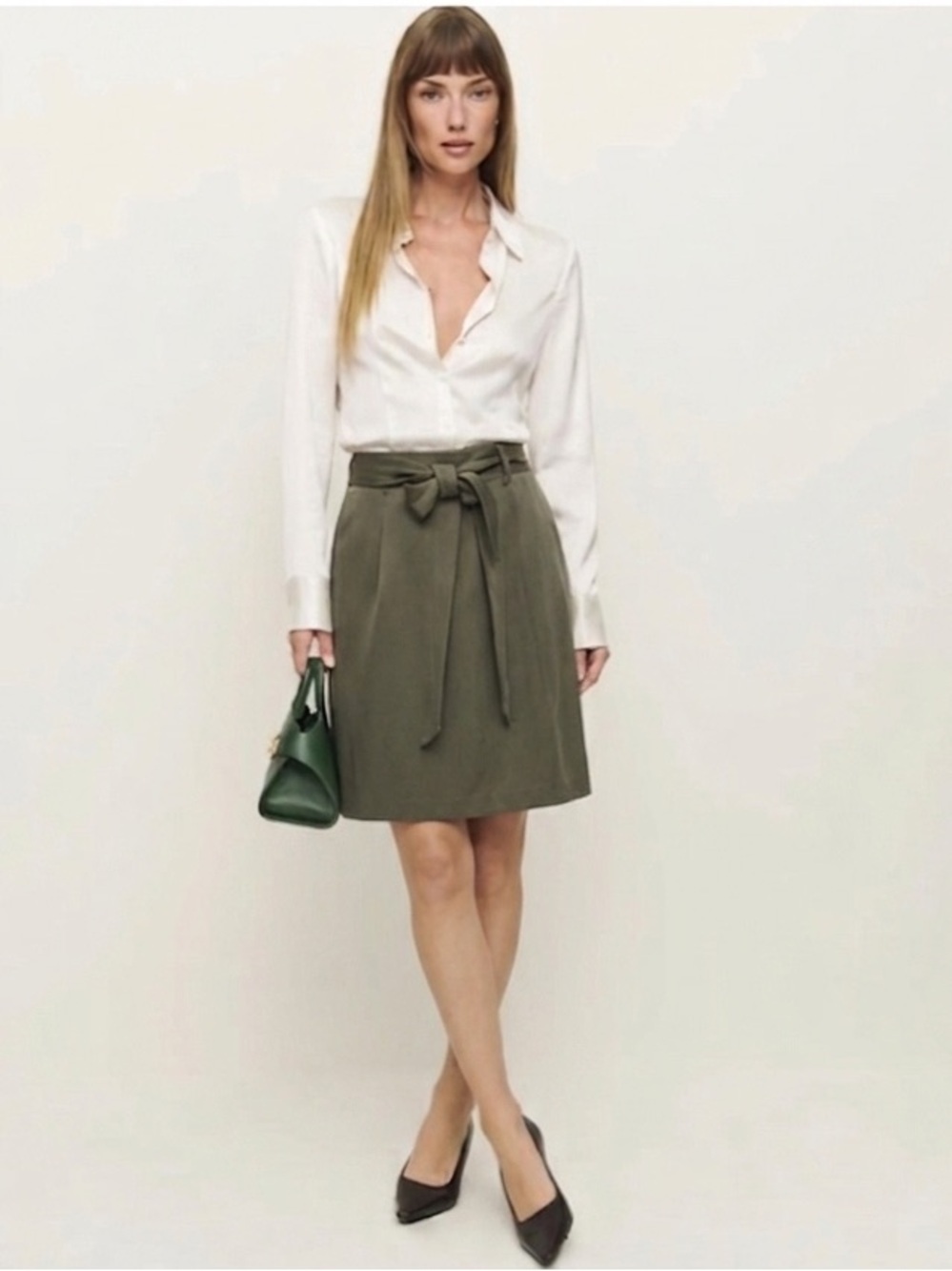 Leith A Line Tie Front Belt Skirt L Pleat Back Slit Khaki Green Lined Minimalist